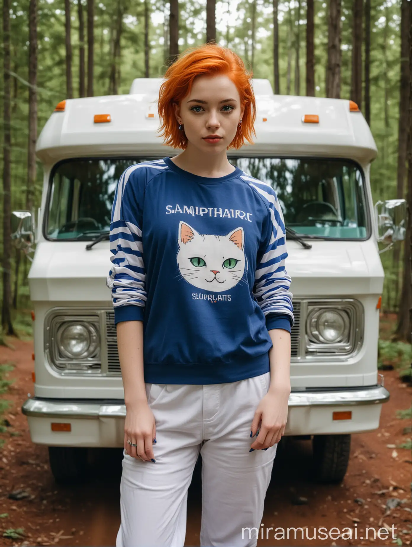 young woman, pale skin, green eyes and short orange hair held by a blue hairclip and wore sapphire earrings, an elbow-length blue raglan shirt with a cat logo, white capri pants, and white sneakers with dark blue stripes without socks, standing in front of a GMC motorhome in the forest, beautiful, alluring