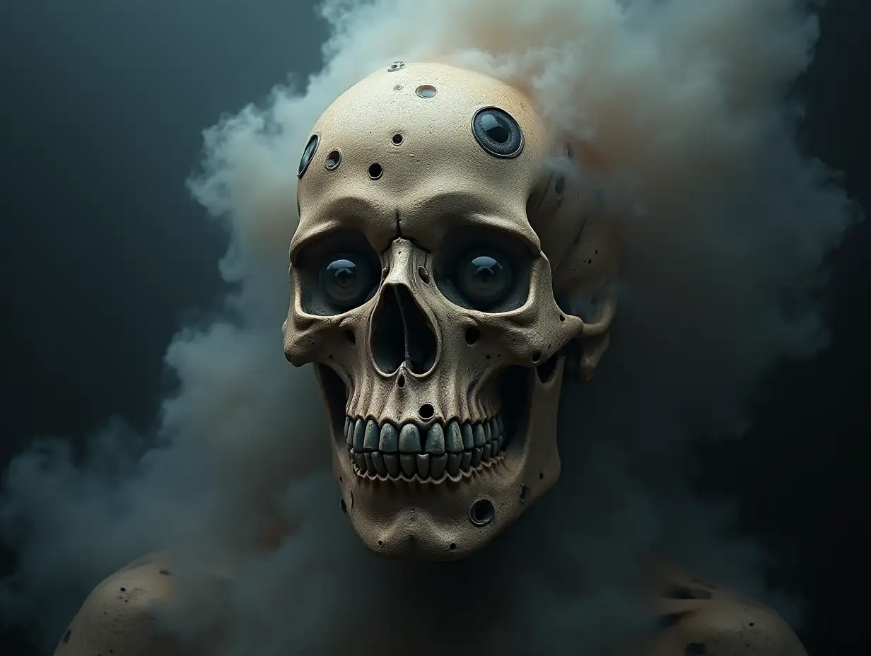 A skull with many eyes and a lot of smoke on it