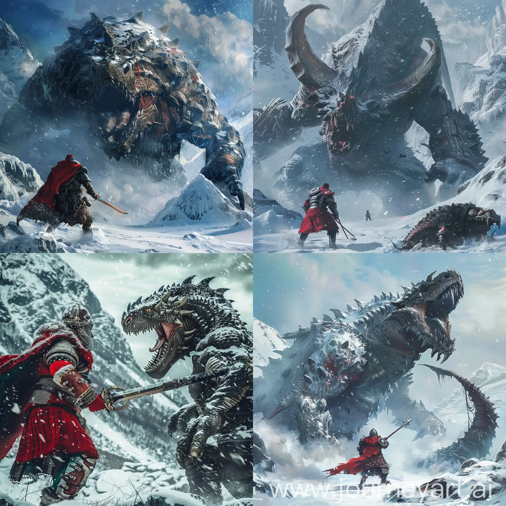 Slavic-Warrior-Battles-Fantasy-Reptile-in-IceCovered-Mountains