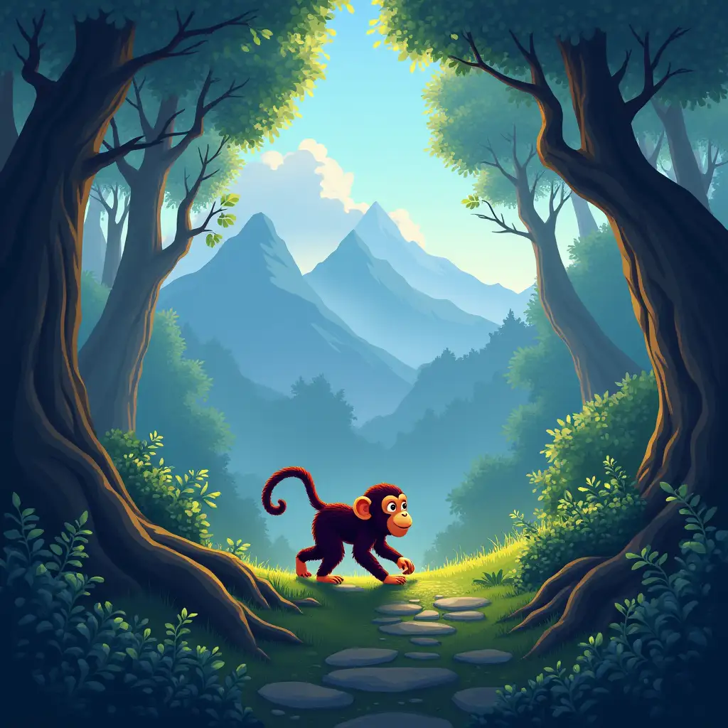 A colorful monkey sneaks through a beautiful, misty, and glowing fantasy forest behind the leaves, with mountains in the distance.