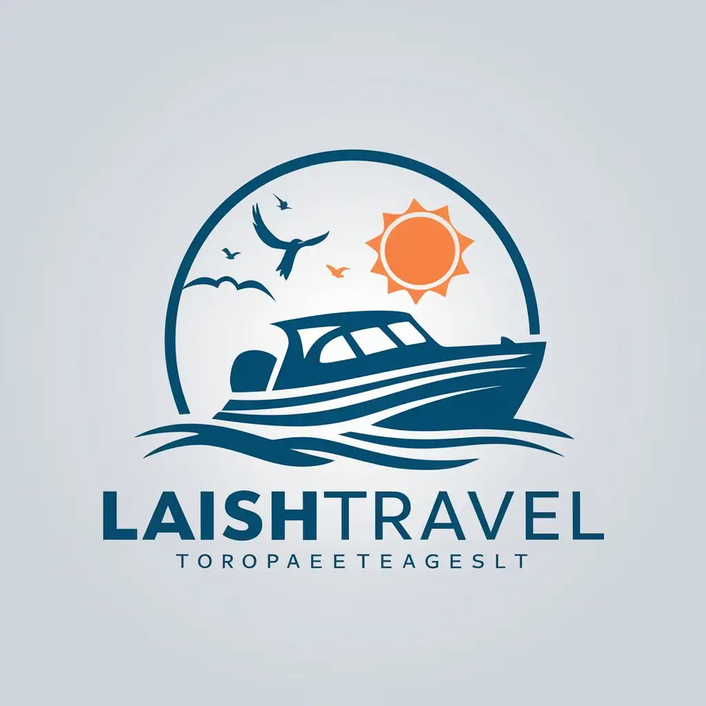 a vector logo design,with the text "LaishTravel", main symbol:Motorboat, sea, birds, sun,Moderate,clear background