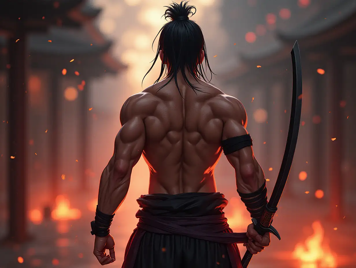 Anime body builder with katana seeing front