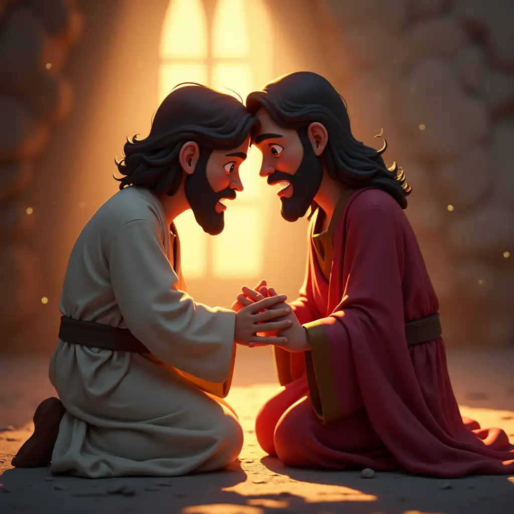 A compassionate and emotional scene of Jesus of Nazareth kneeling beside a person who is praying, with his hand gently resting on their shoulder, in the style of rendered in Cinema4D, charming and divine character, vibrant and peaceful atmosphere, intricate details like soft glowing light, flowing robes, and expressive gestures, dramatic shading with soft highlights, cartoonish caricatures with a touch of realism, biblical theme, colorful and engaging, inspired by Rudolph Belarski's dramatic compositions, aspect ratio 17:32, stylize 750, version 6.