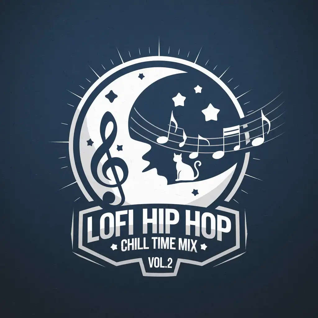 LOGO Design for Lofi Hip Hop Chill Time Mix Vol2 Moon Cat Stars and Musical Notes with Desaturated Blue and White Theme