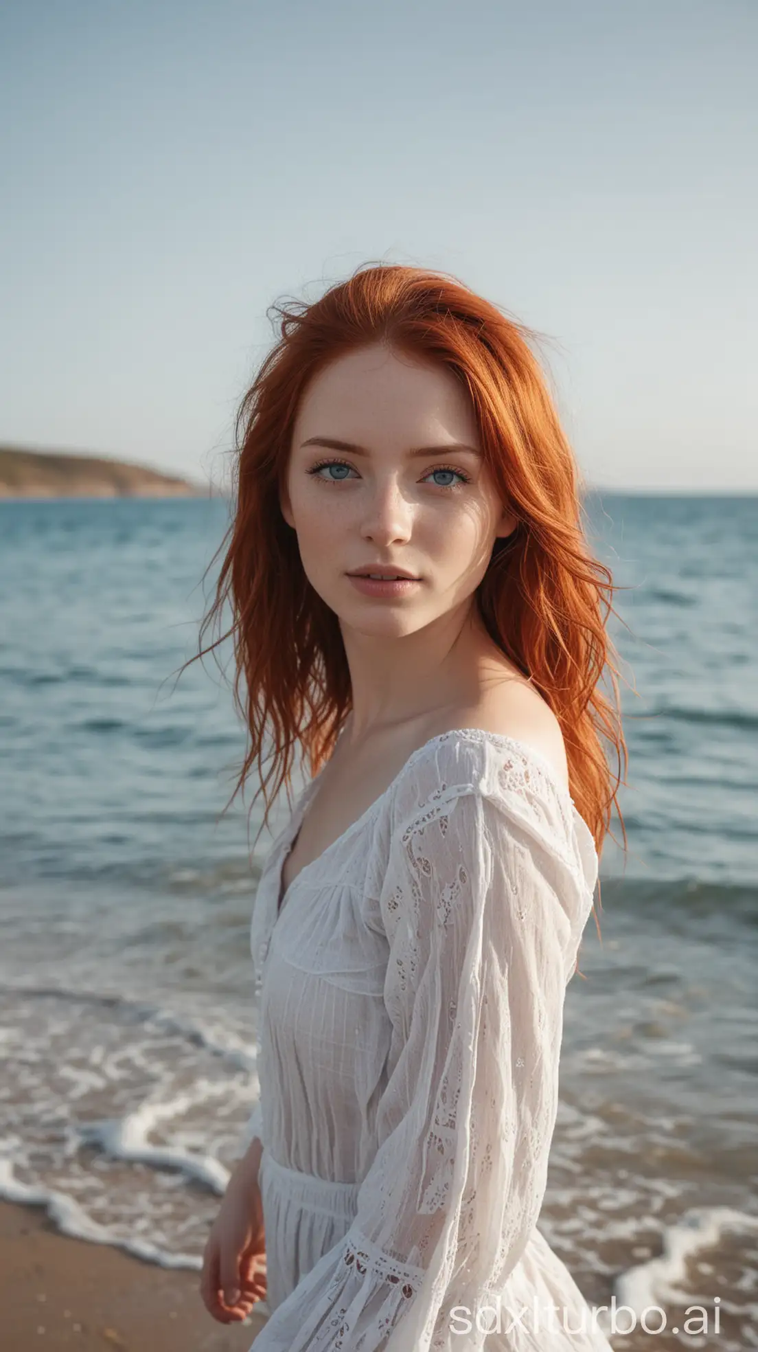 Young-Woman-with-Red-Hair-Strolling-on-the-Shoreline