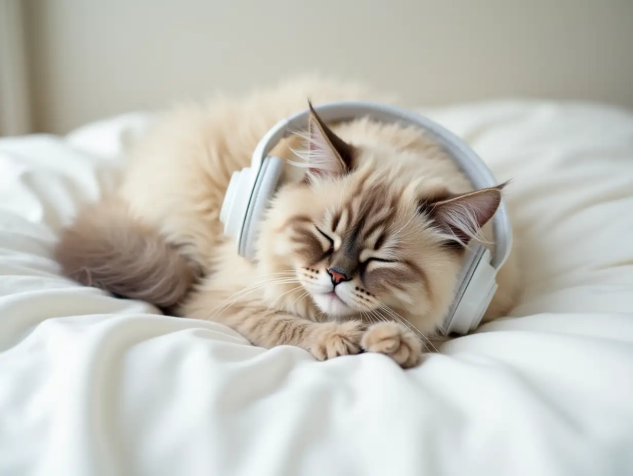 Persian-Cat-Sleeping-Peacefully-on-Soft-Bed-with-Headphones