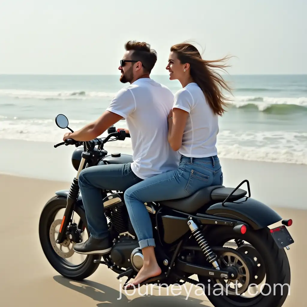 Couple-Riding-Motorcycle-on-Beach-in-Casual-Outfits