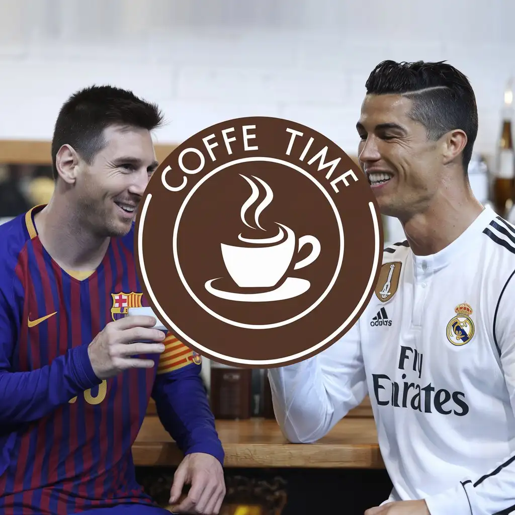 LOGO Design for Coffee Time Messi and Ronaldo Enjoying Coffee in a Coffee Shop Theme