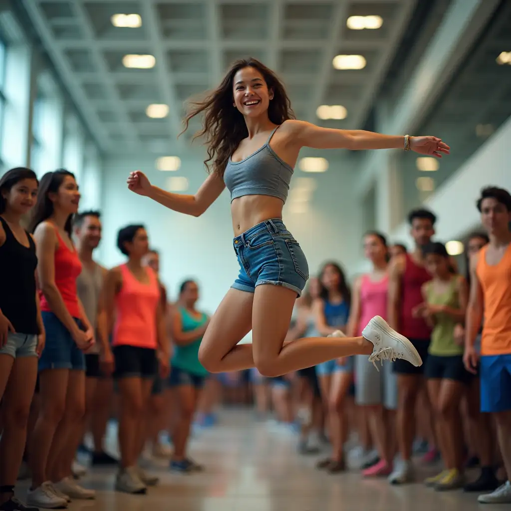 Young-Thai-Woman-Jumping-in-Sports-Outfit-Surrounded-by-Lively-Crowd