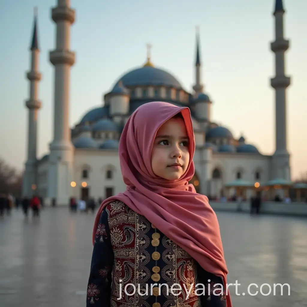 Muslim-Girl-with-Traditional-Turkish-Hijab-Standing-in-Front-of-a-Mosque
