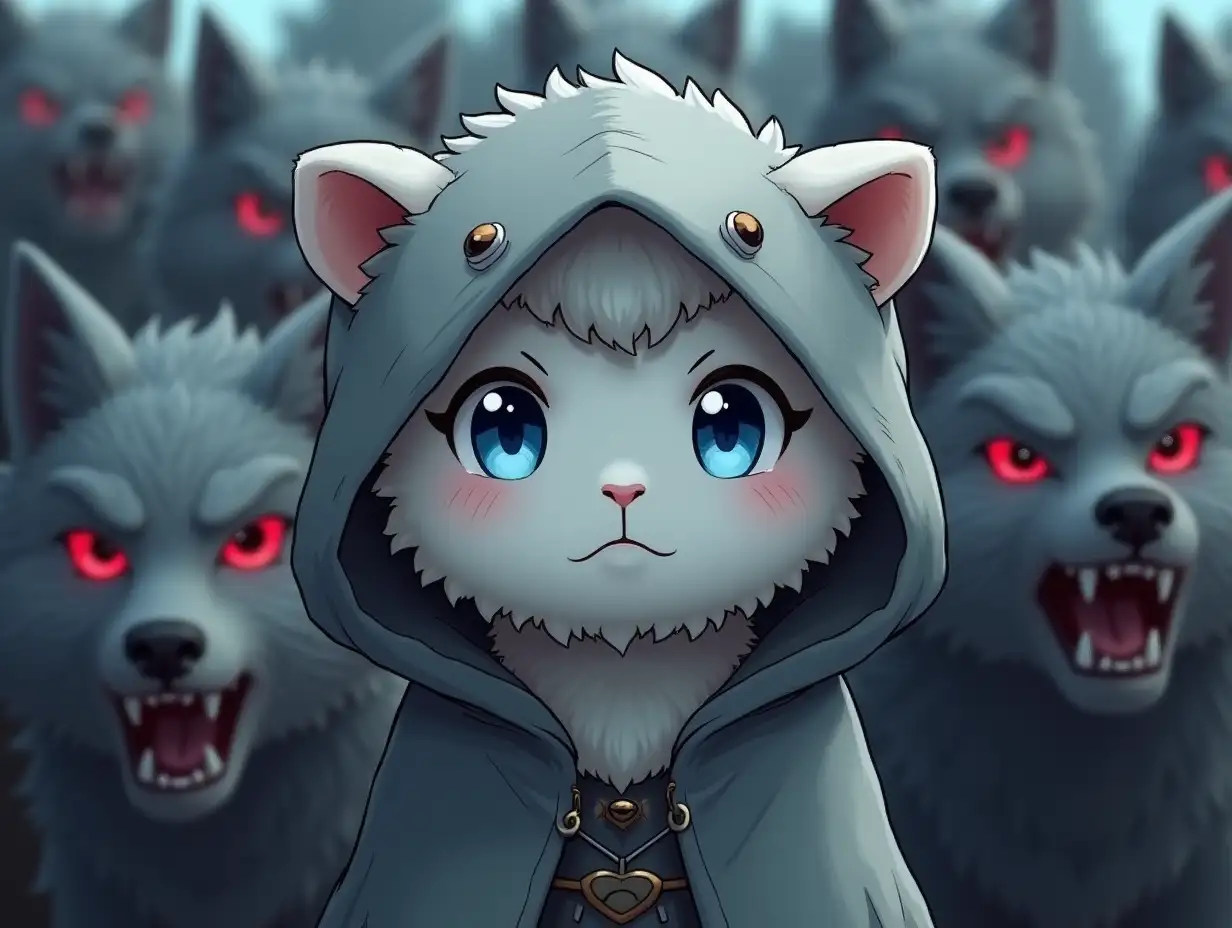 A cute little blue-eyed white sheep with a sly expression on its face. Wearing a gray hooded cloak (with wolf ears on the hood and two drawn red wolf eyes), it looks like a gray wolf pelt covered in thick wolf fur. The hood almost covers the sheep's face. Around the sheep is a pack of terrifying gray wolves with bared long fangs, glowing red eyes, and dirty gray fur. The sheep does not stand out from the crowd. Anime style.