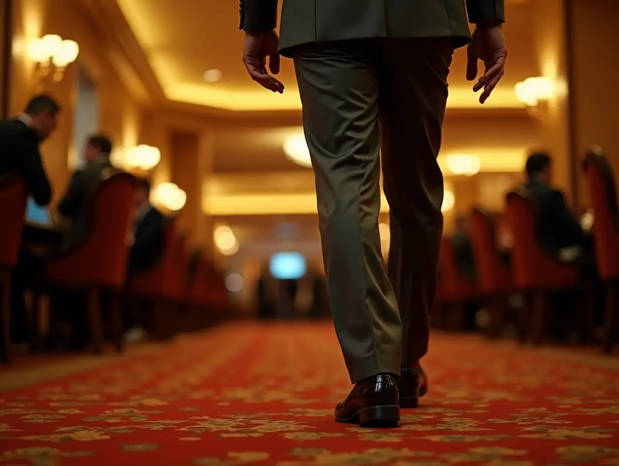 Low-angle shot for a Tunisian man in a gray tuxedo: He walks across the casino floor with slow, deliberate steps, his polished shoes catching the dim golden lighting.