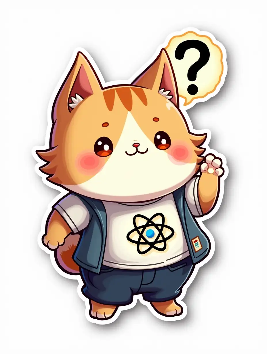 A curvilinearly cut sticker depicting a kawaii positive fluffy little cat in office clothes with an atom symbol on t-shirt.  The face and pose express the emotion of thoughtfulness, the large question mark symbol in the background emits a glow. Vibrant and dynamic die cut sticker design top-view, high resolution, vector art, white background, paint in anime style