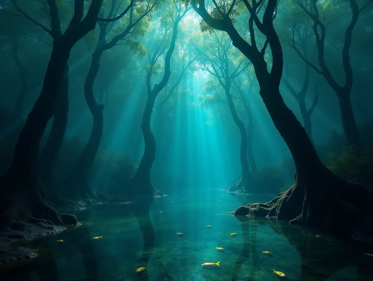 Sunken Forest of Elysia – A partially submerged ancient forest where twisted, towering trees grow from shallow, mirror-like waters, and glowing fish swim through the mist.