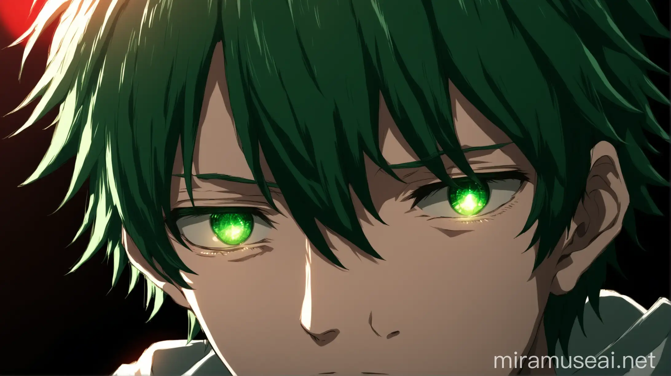 Closeup Portrait of Anime Male Character with Green Hair and Shining Red Eyes