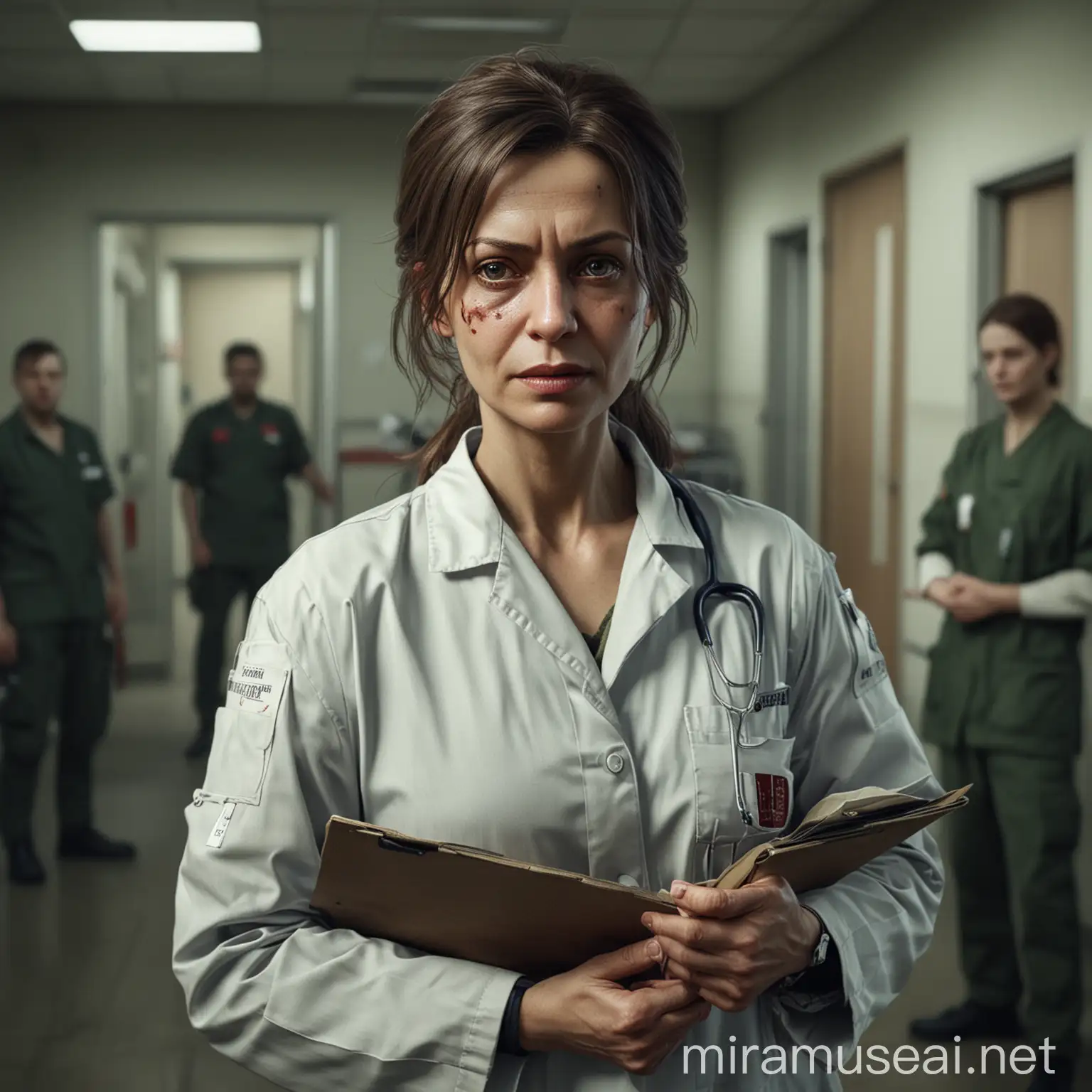 Exhausted Trader Therapist in Hospital Hall with Clipboard