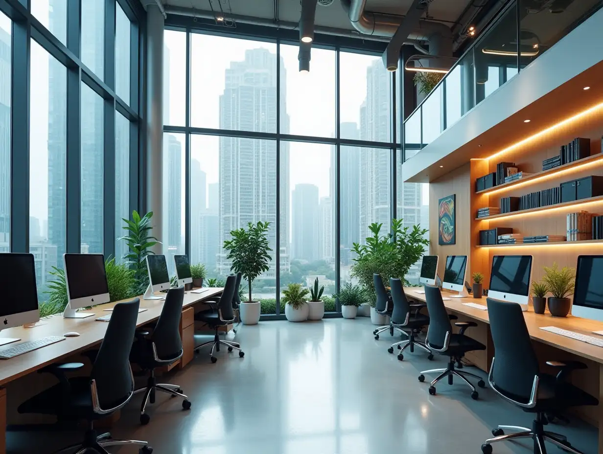 Futuristic Office Space with Modern Desks and Greenery