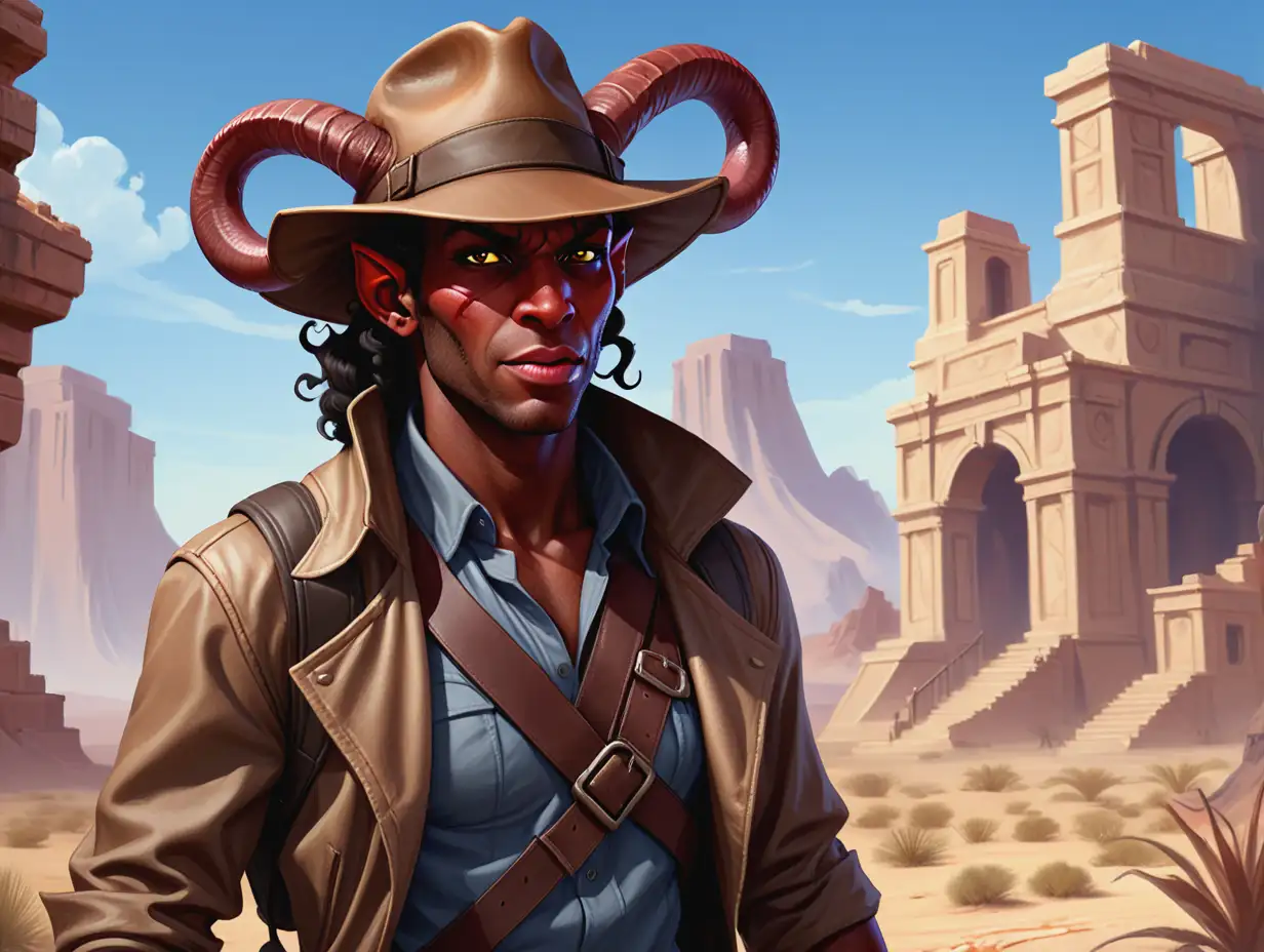 Adventurous-Black-Tiefling-Explorer-in-Desert-Ruins-with-Indiana-Jones-Hat