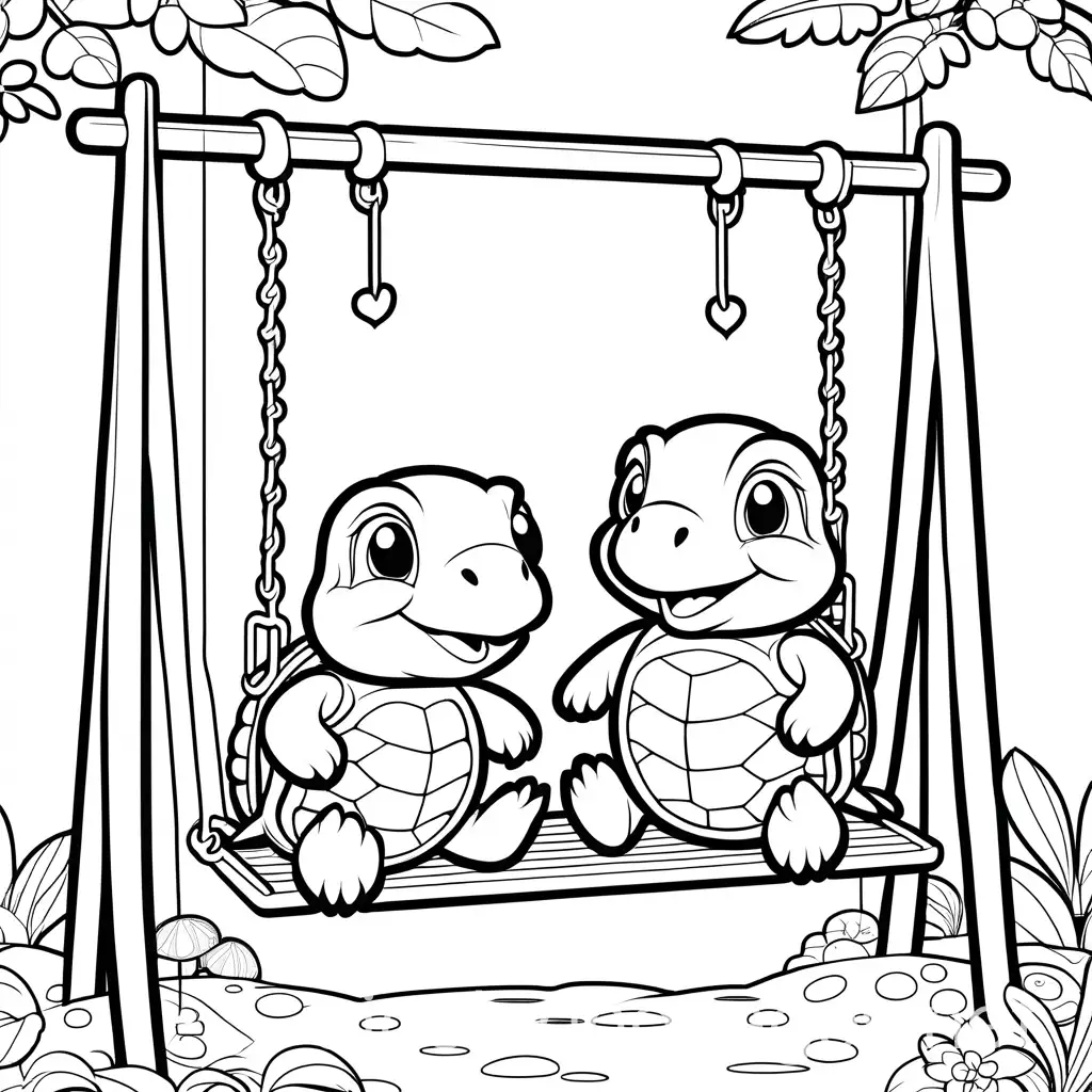 Cartoon-Turtle-Characters-Swinging-on-Swing-Set-Coloring-Page