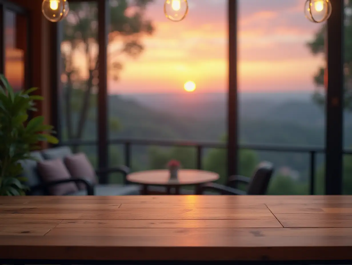 wood table top counter with evening landscape background