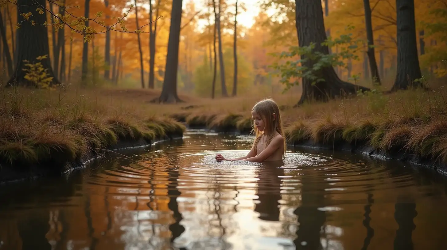 Girl Bathing in Swedish Forest Pond Autumn Scene