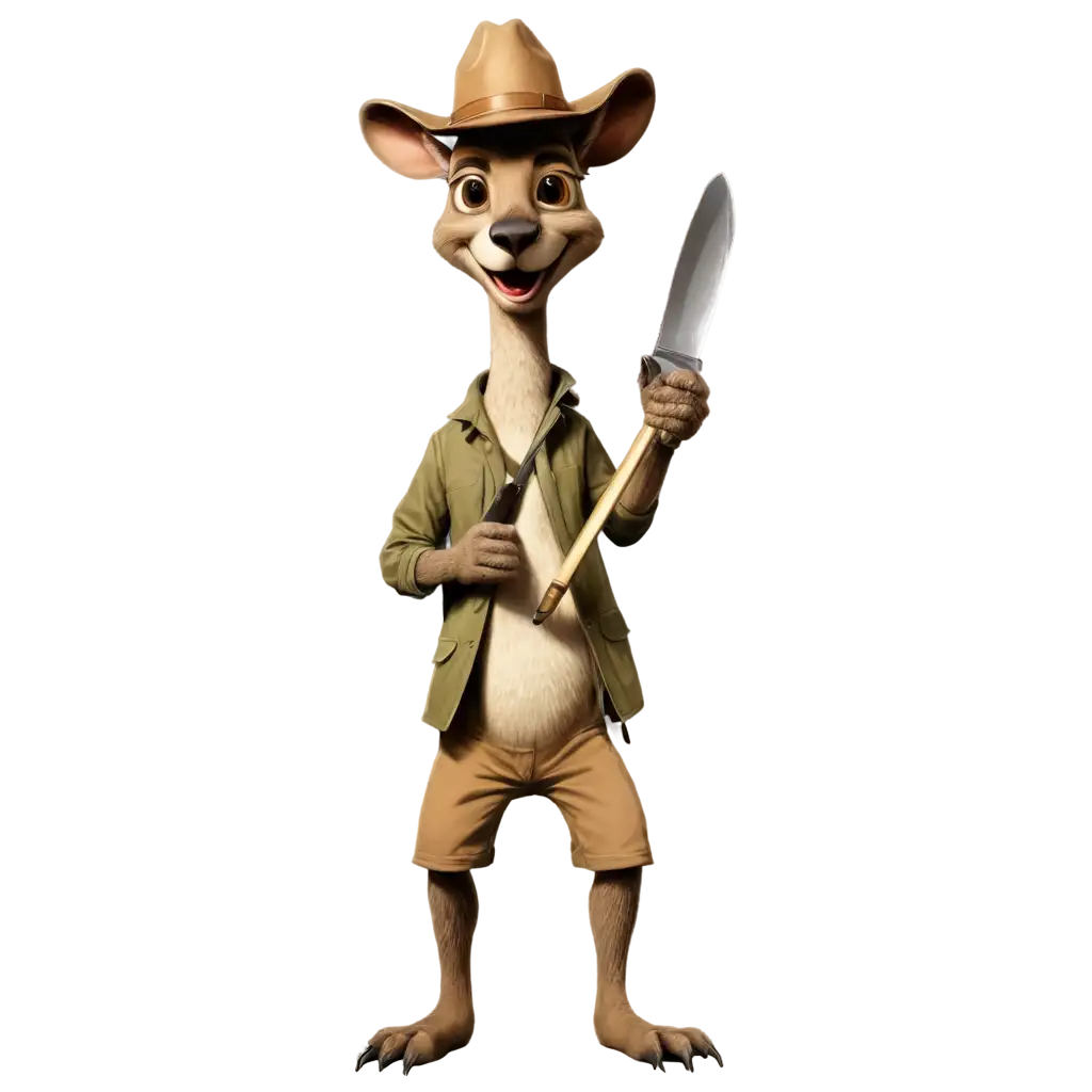 Caricature of a kangaroo wearing an outback hat and brandishing a large knife like crocodile dundee