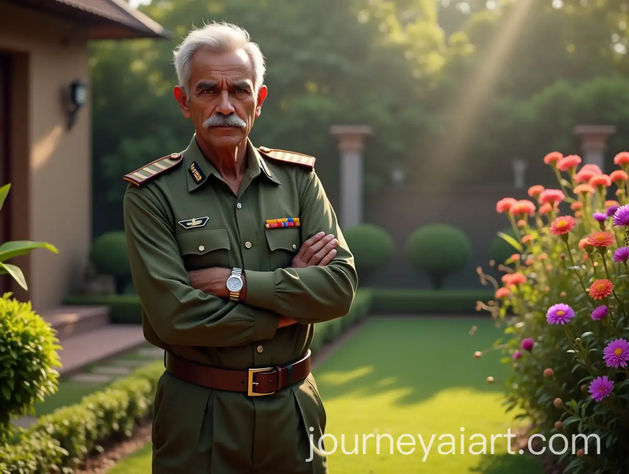 Elderly-Indian-Army-Colonel-in-Traditional-Garden-with-Lantana-Bushes