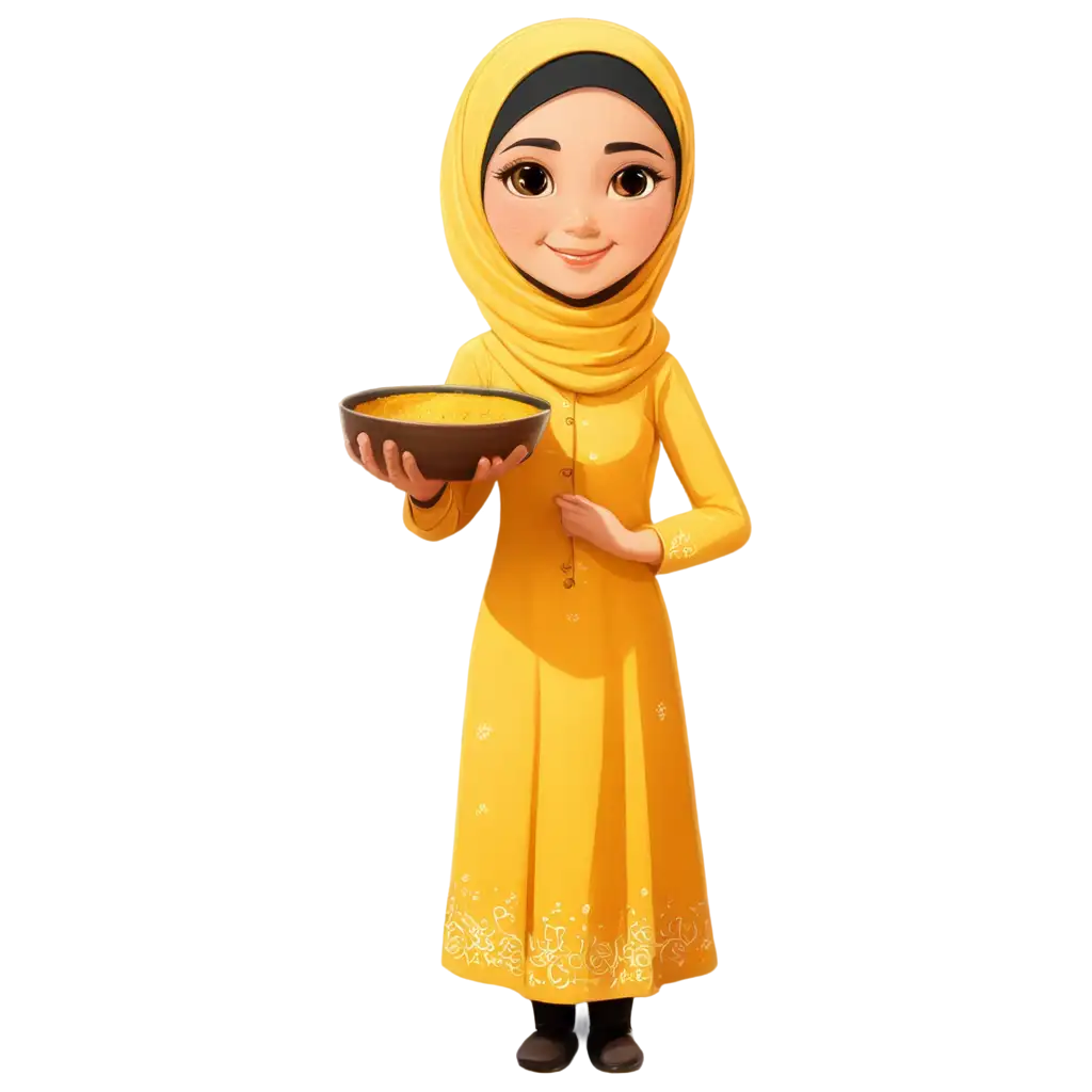 Cute-Cartoon-Muslim-Girl-in-Hijab-PNG-Vibrant-Yellow-Abaya-and-Haldi-Bowls