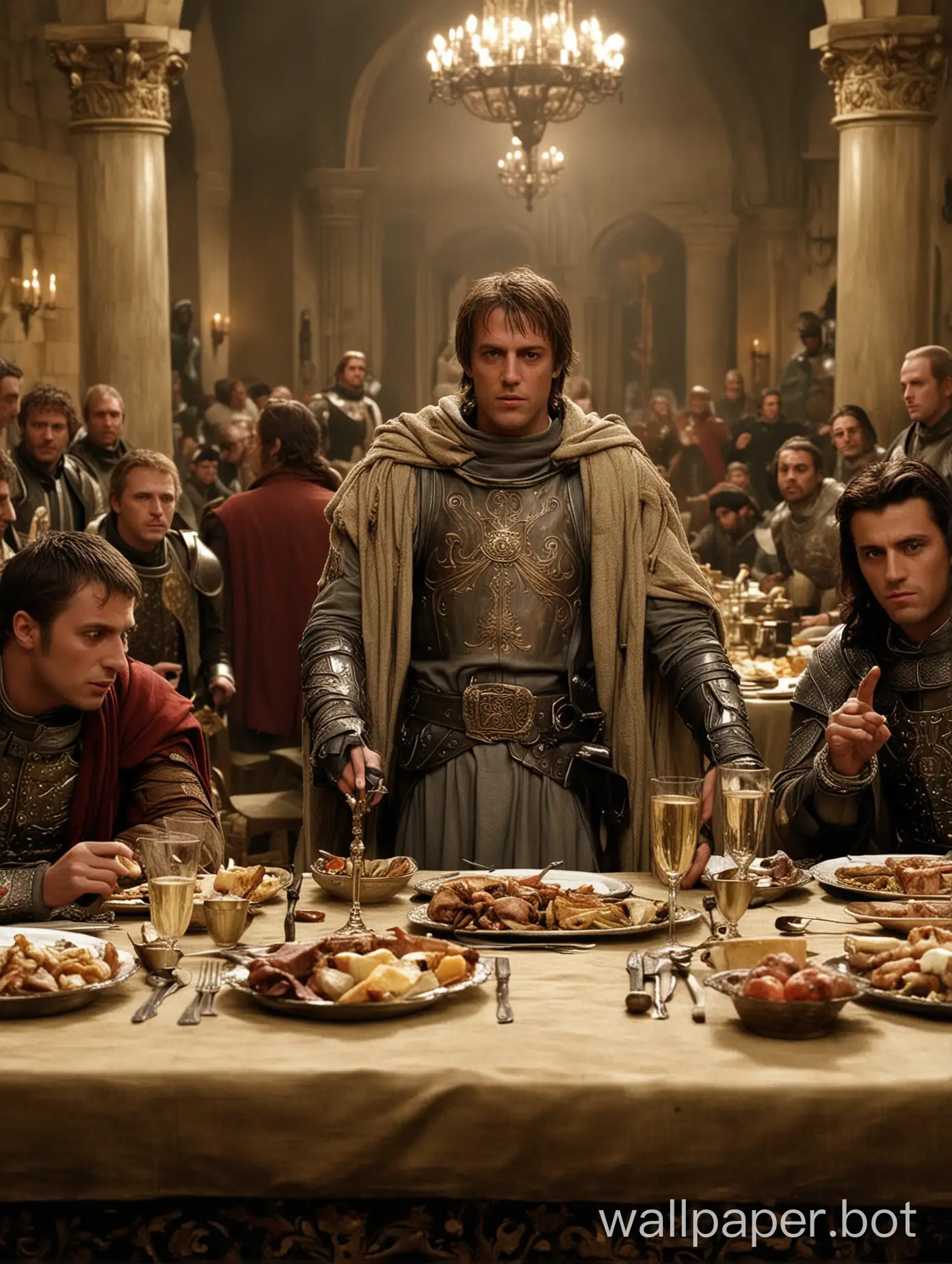 Generate wallaper which baldwin iv from movie "Kingdom of Heaven" and other kings including Napoleon at dinner table and debate