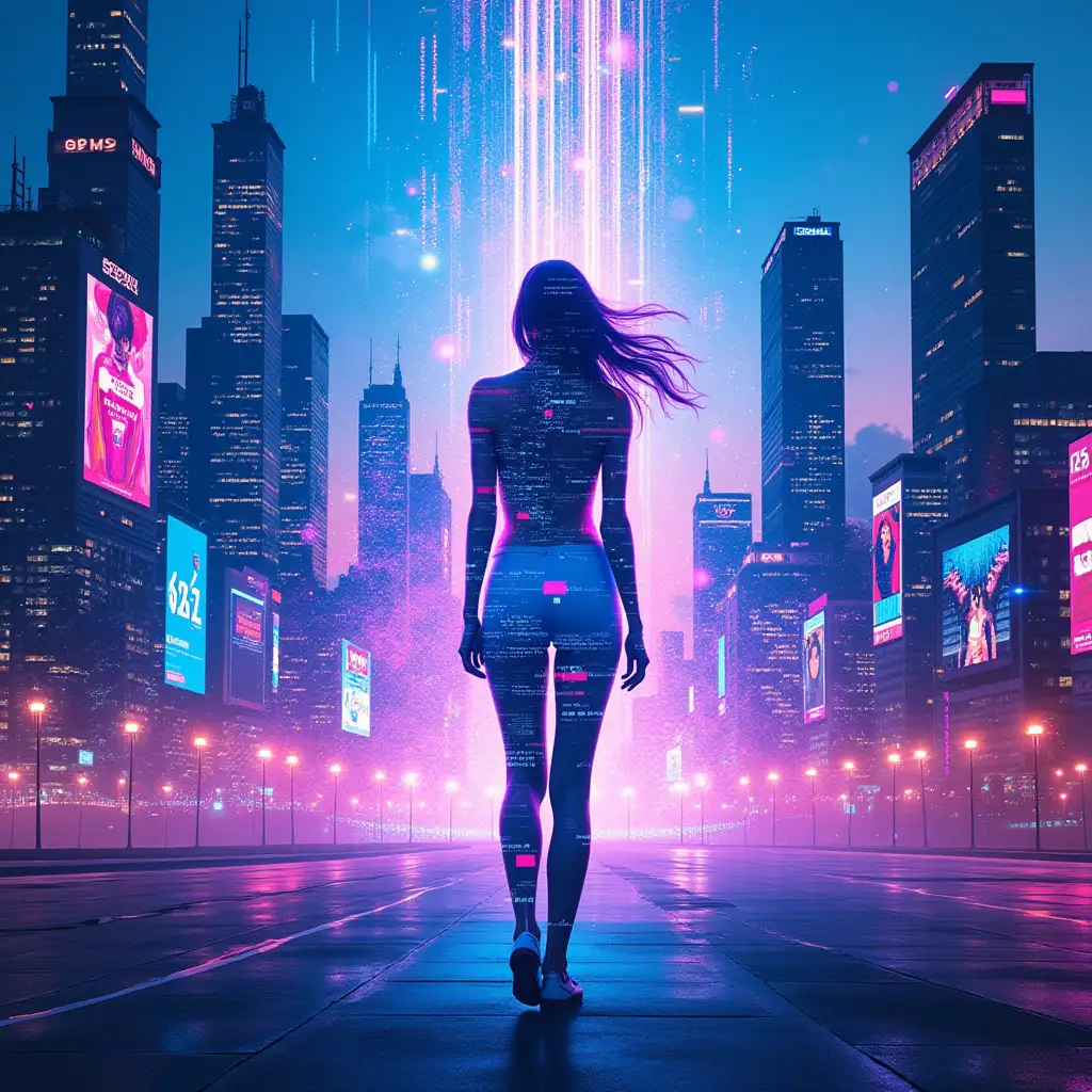 a visually striking and futuristic image that captures the essence of the digital revolution. Here's a description: A neon-lit cityscape at dusk, with sleek skyscrapers and holographic advertisements. The image could feature glitch art elements, such as distorted pixels, binary code, & fractured light beams. In the foreground, a silhouette of a woman can be seen, surrounded by swirling patterns of light and energy, as if being transported into a virtual world. The color palette should be bold and vibrant, with a focus on blues, purples, and pinks to convey a sense of futurism and high-energy excitement 