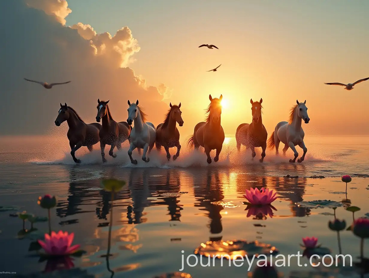 Seven-Horses-Running-in-Water-with-Sunrise-and-Birds-in-the-Sky