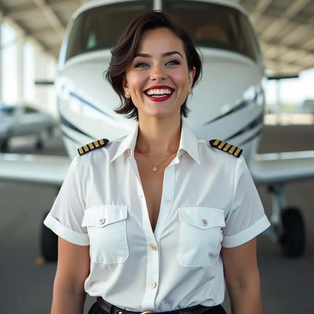 curvy white lady 35 years old, in white deep-necked thin light pilot shirt, laughing with her mouth open, red lipstick accentuating her smile, belt on waist, big wide hips, chest are fully grown, jewelry, white buttons on shirt, short hair, HD, aerodrome, photo-realism