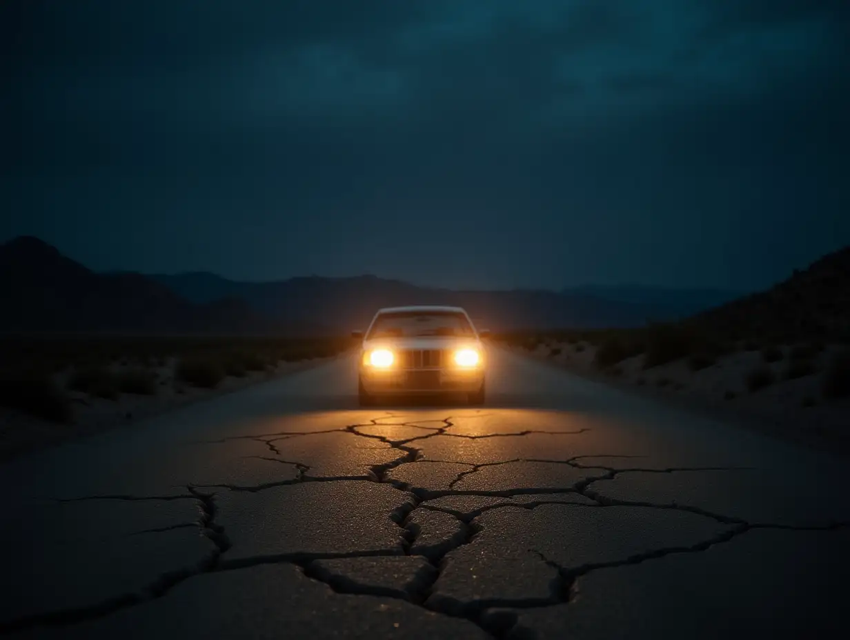 Close-up of the car’s headlights illuminating the cracked, abandoned road as the camera slowly zooms out to reveal the vast, dark desert surrounding it.