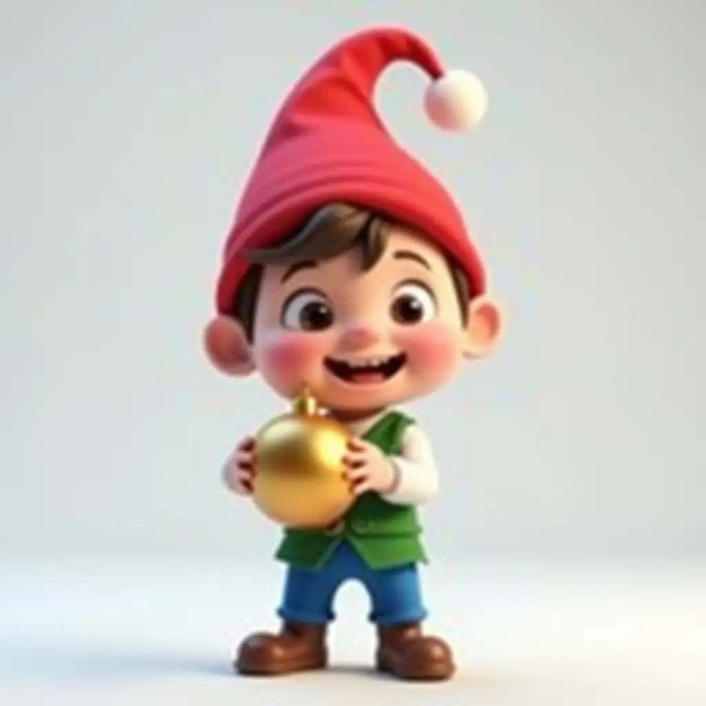 animated 3D boy dressed as a gnome costume. On his head is a red hat with a big pompon. Blue pants and white shirt, green vest. The boy is smiling and holding a New Year's ball in his hands.