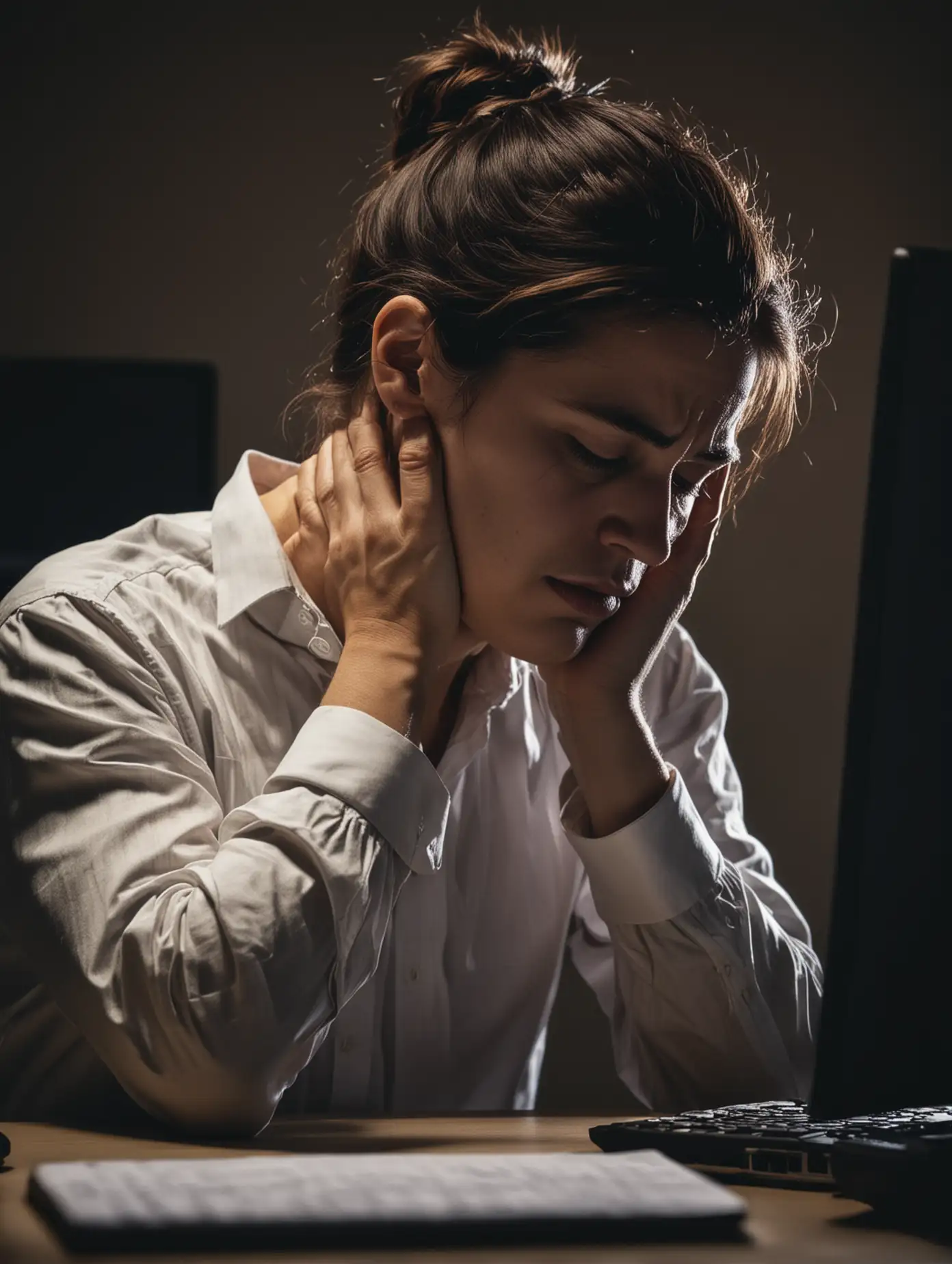 A person working intensely at a computer, holding their neck in pain, dim lighting creating a sense of stress.