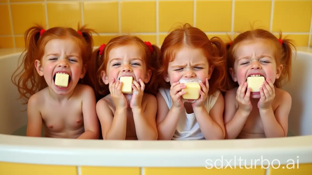 Four-Redhead-Girls-Washing-Their-Mouths-with-Soap-Bars-in-a-Bathtub