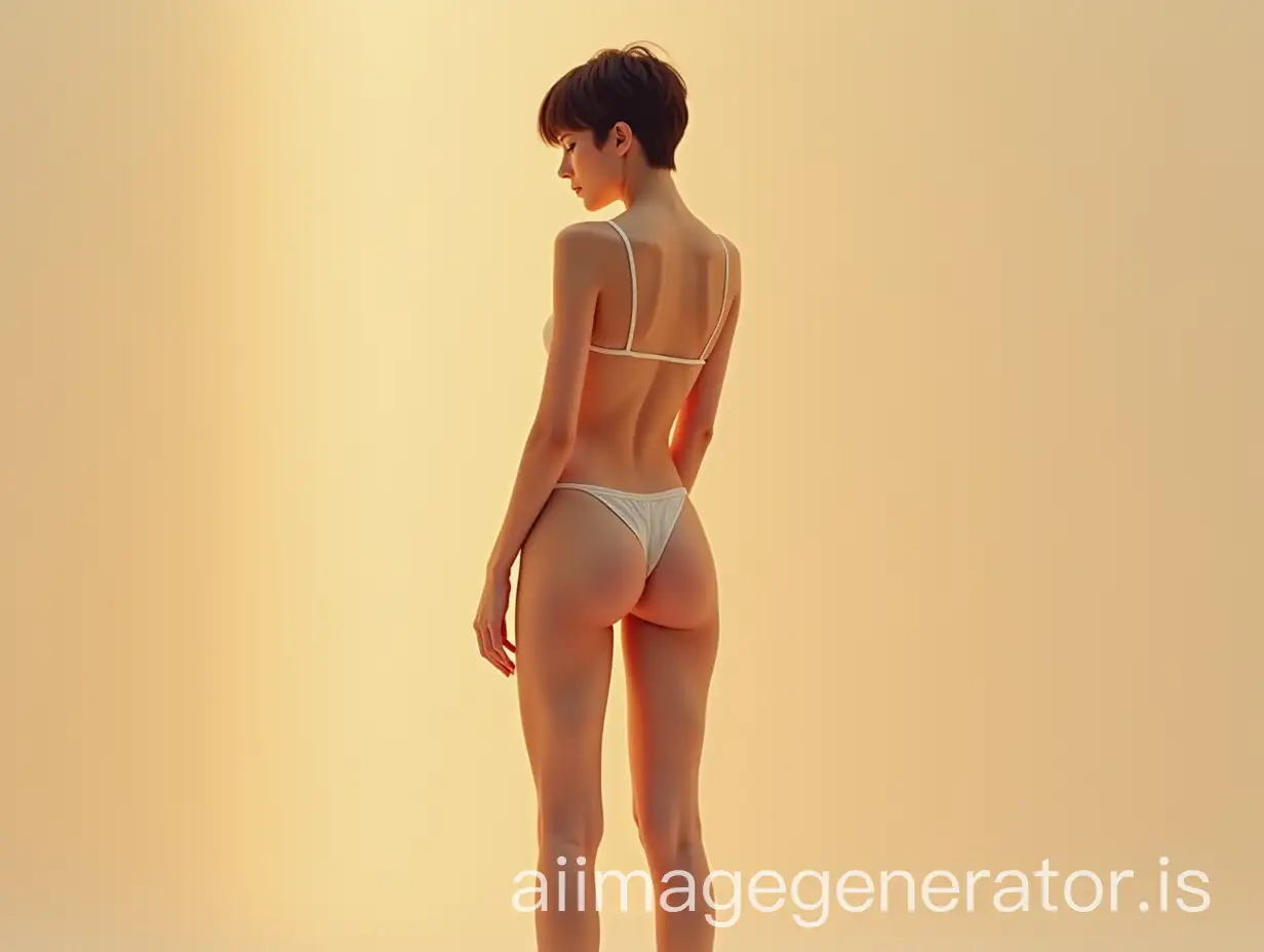 Create a photorealistic picture of a woman, young, slim, skinny, with short hair, long legs with bright background