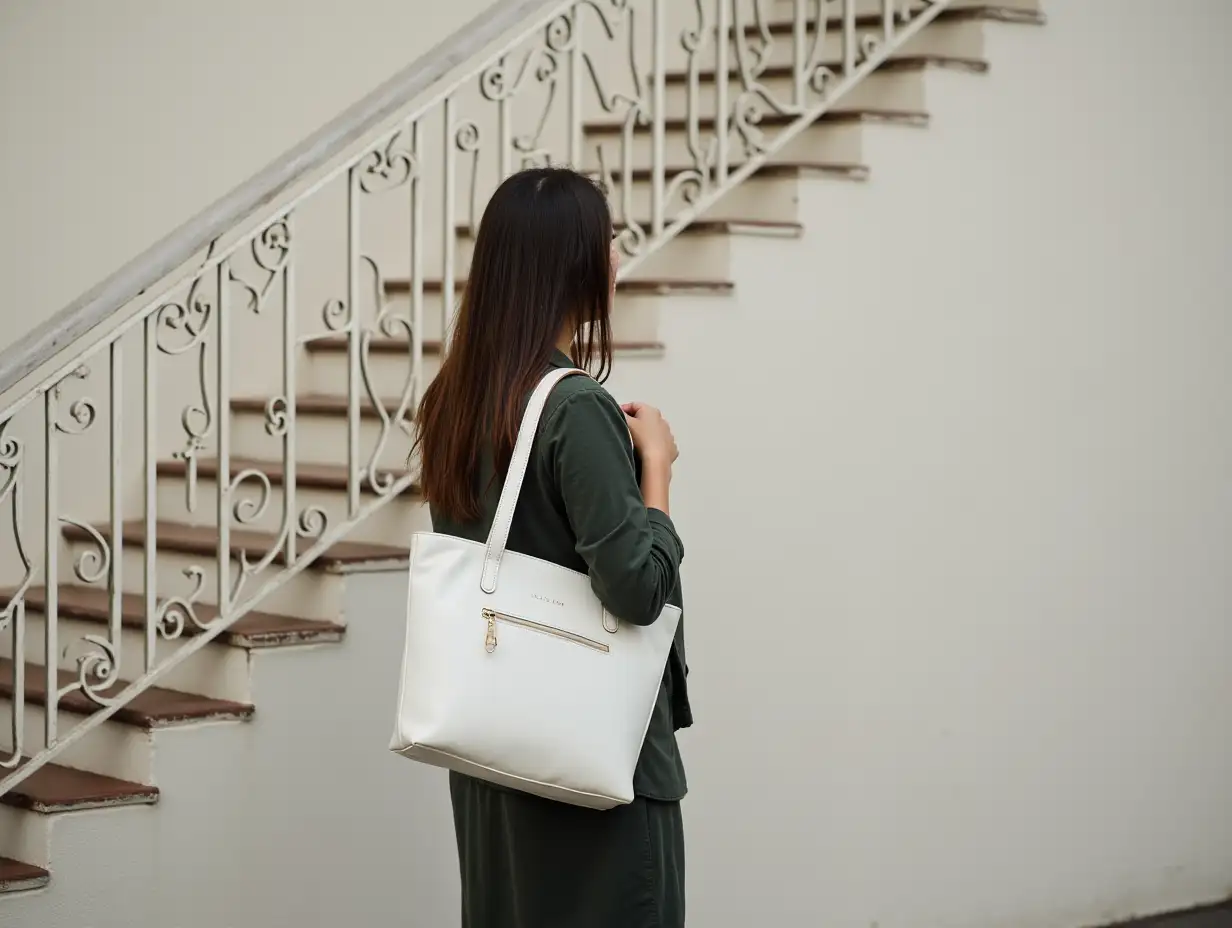 Woman with white tote bag, standing by the staircase