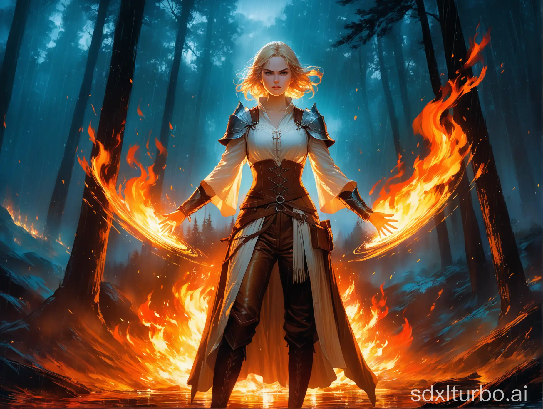 high quality, 8K Ultra HD, imagining a very beautiful warrior, short blonde hair surrounded by fire, throwing flames from her hands. She has an angry expression. She is wearing medieval clothes, white cotton shirt and brown leather pants, Lord of the Rings style. With the background under the rainy night sky surrounded by forest lights. The elf is enveloped in fire. She's having a storm. John Singer Sargent's art highlights the characteristics of the . illustration with combined and vibrant abyssal colors, vibrant frame, FULL BODY, radiating fire. Angry expression on the face, forest scenery, full body, hyper-detailed painting, luminism, art by Carne Griffiths and Wadim Kashin concept art, 8k resolution,