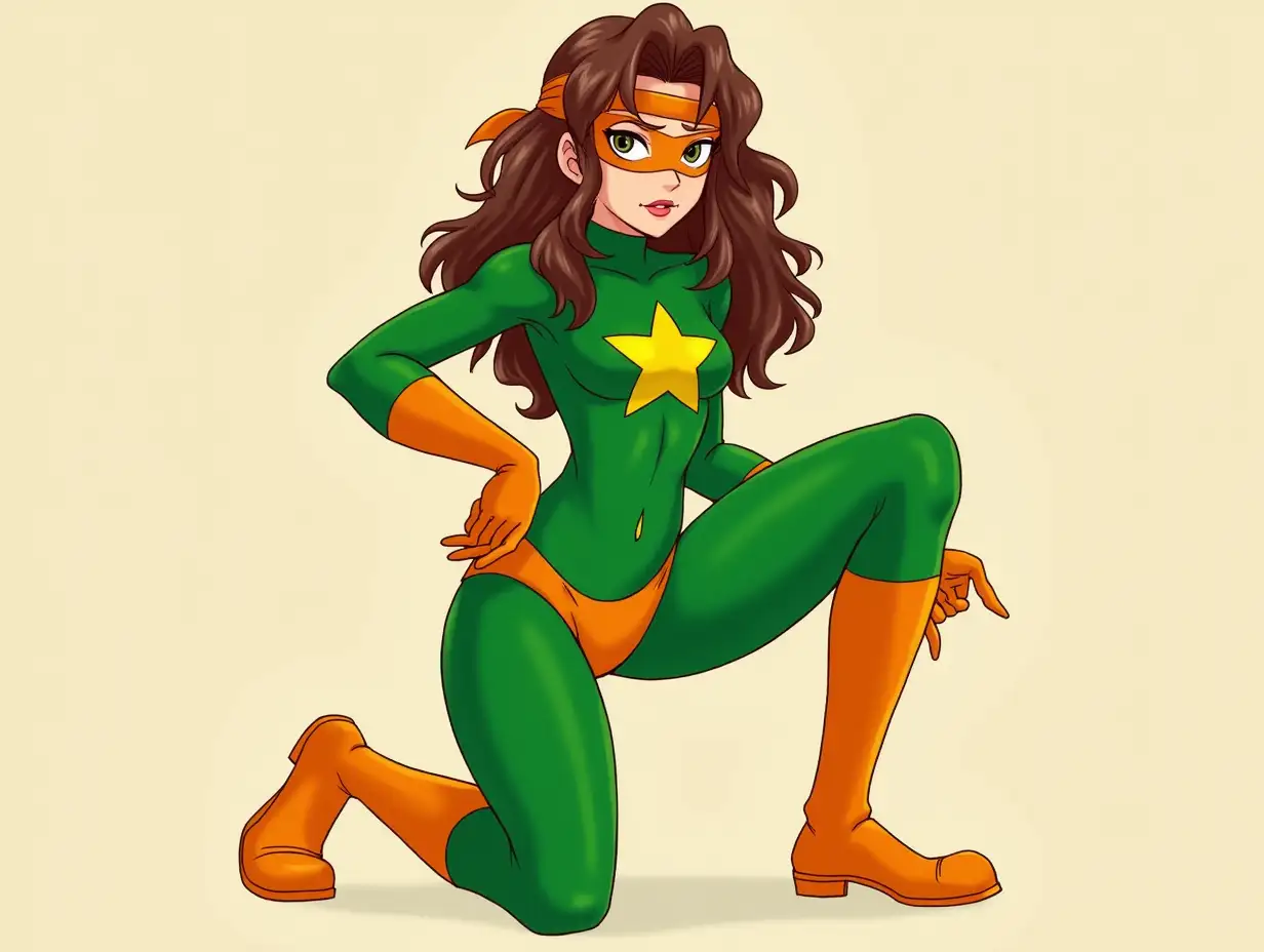 Super Eroina, brunette, long hair, green bodysuit with eight-pointed yellow star on chest, underwear, long gloves to the elbow and orange boots, in frontal pose with one leg bent and one leg extended, orange bandana mask..