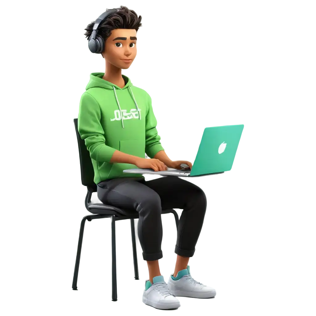 front view, right side , 3D cartoon-style software engineer sitting at a modern tech desk, wearing a neon green hoodie (#14E956), coding on a soft gray laptop (#B8C5D3), dual monitors displaying glowing code (JavaScript, React), dark cyberpunk room background with green and cyan neon glow, floating programming bubbles/icons (React, JavaScript, TypeScript), books on the desk, cup of tea with steam, headphones, relaxed focused expression, stylized lighting and smooth shadows, perfect for website hero banner
