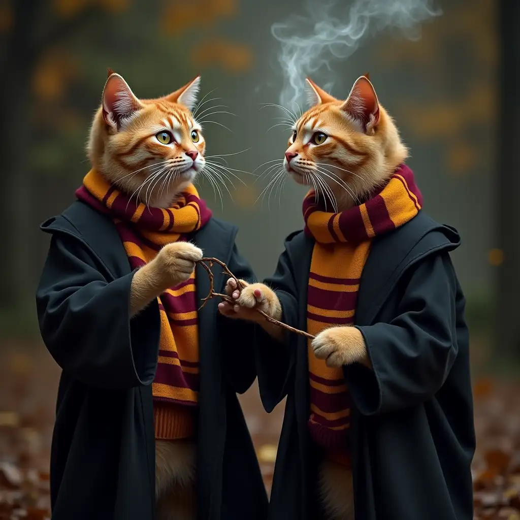 2 cats dressed in Harry Potter clothes having a wand duel far away using spells