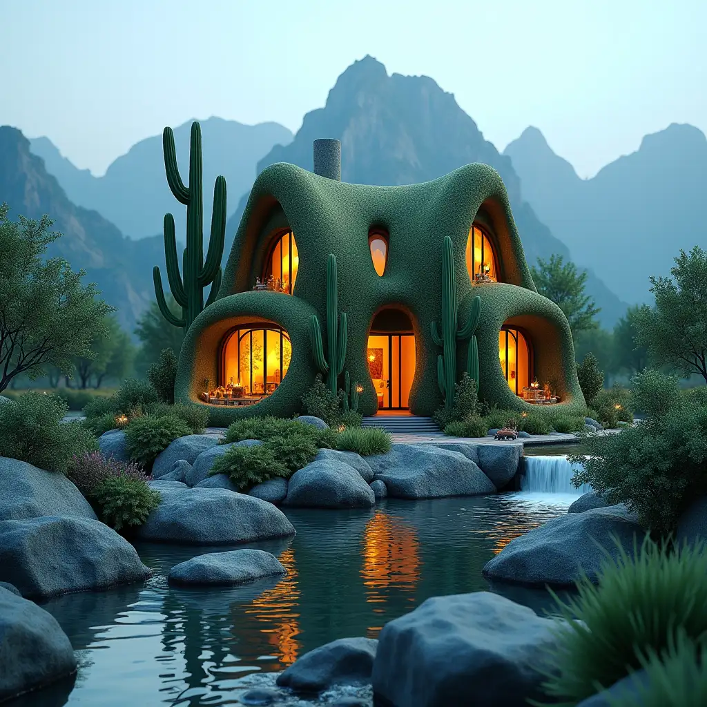 House made of cacti, cactus house, hybrid of house and cacti, beautiful, modern, futuristic, professional photo, aesthetic, realistic, high detail, high resolution, 4k, 3D, mountain background, waterfall, river, neon lighting, soft lighting, subdued lighting