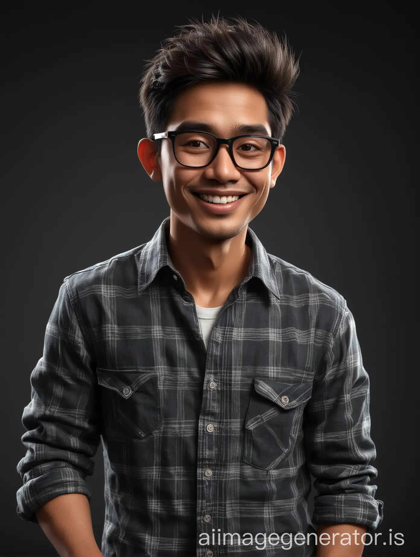 Caricature 4D Indonesian man, 30 years old, thin face, clean face, medium  hair, wearing bold frame wayfarer glasses, wearing an unbuttoned t-shirt and flannel shirt, standing on the right side smiling, making the OK gesture, black background, detailed image, detailed visuals, looks real, HD