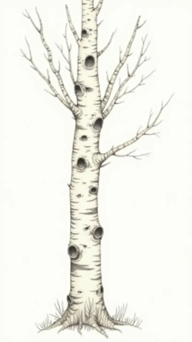 Solitary Birch Tree Trunk in Watercolor Painting