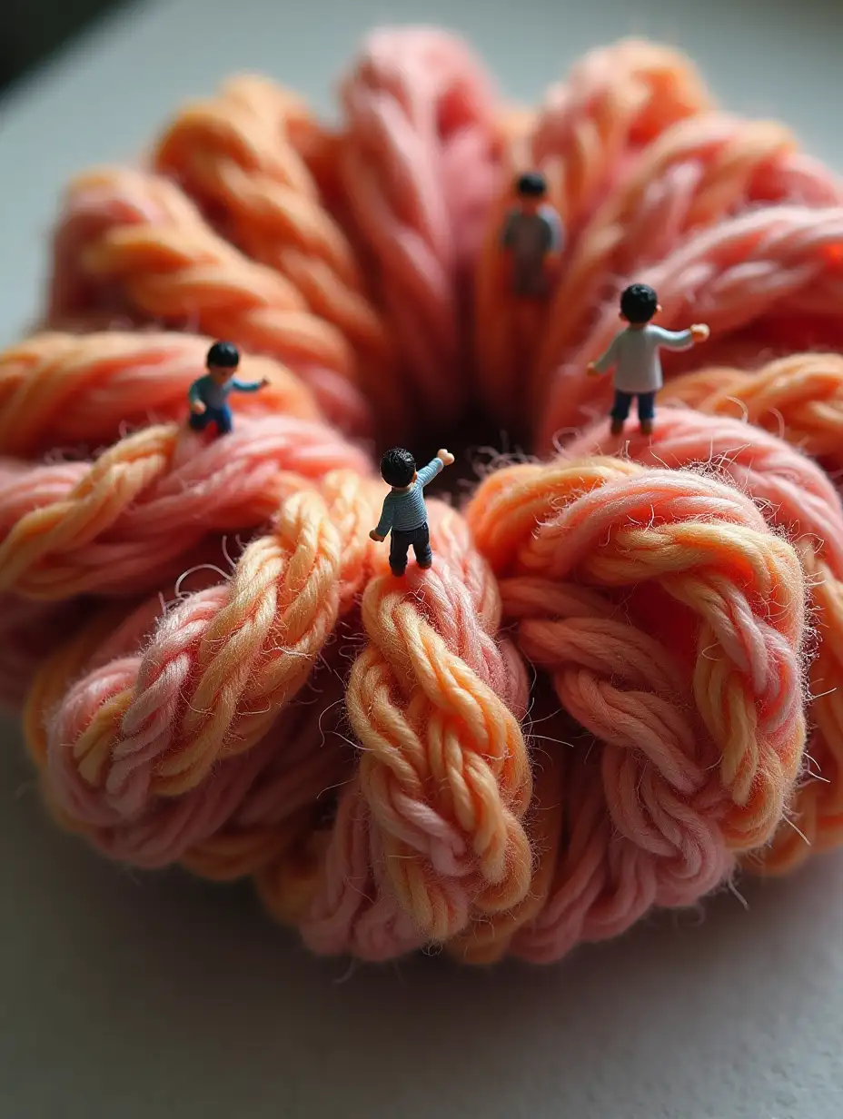 Imagine a giant, fluffy crochet scrunchie, several feet wide, with soft, textured yarn in vibrant colors. Some tiny people, no more than a few inches tall, are standing on top of it, reaching up to touch the massive loops of yarn. Their hands are barely making a dent in the giant fibers, which look like cozy, oversized mountains to them. The scrunchie's bouncy texture creates a landscape of softness, with each twist of yarn swirling around them. A sense of awe and scale would be key here, as the tiny figures interact with this oversized everyday object.