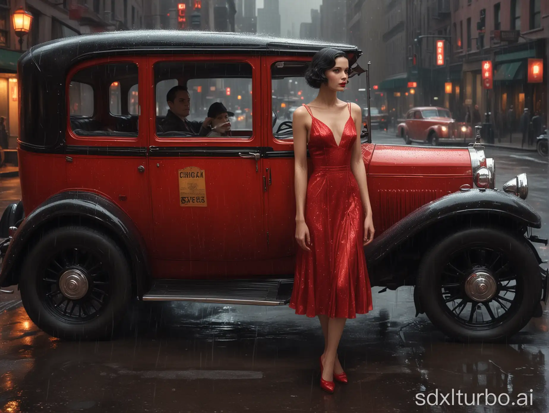 Elegant-Woman-in-1930s-Style-Red-Dress-Hailing-Cab-in-New-York-City