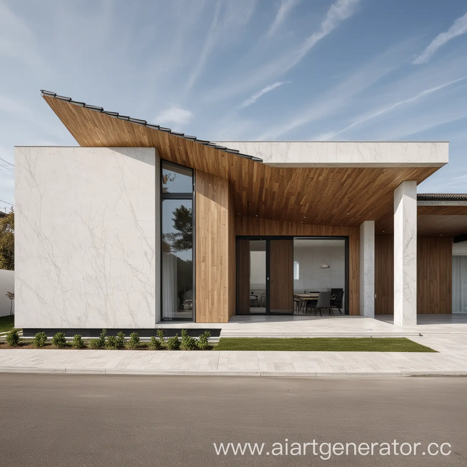 One-story house in minimalism style. There are such textures as wood and marble. View from the street