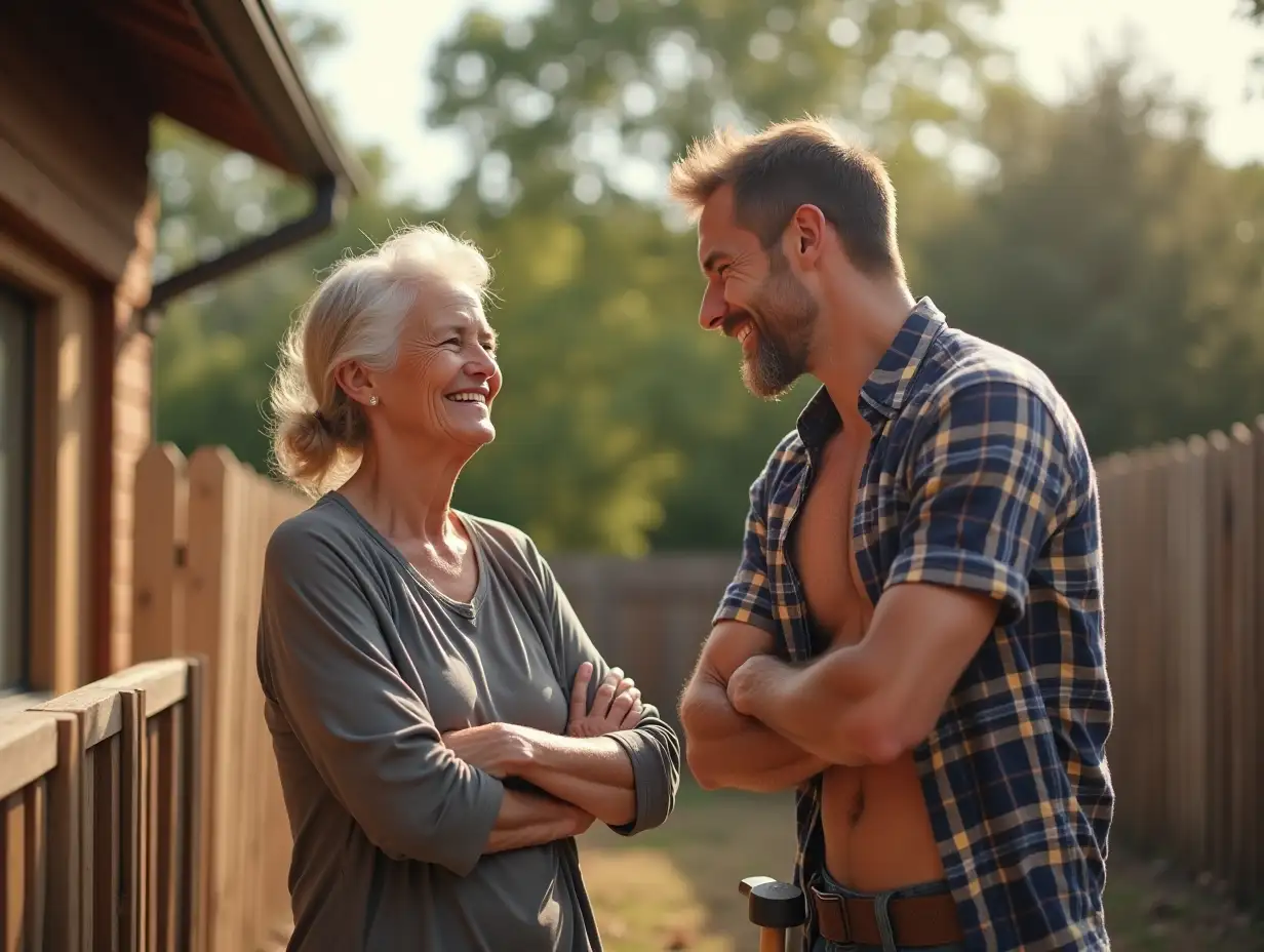 Close-up: an elderly woman of 50 stands smiling with her arms crossed on her chest. She looks at a young man of 30 in a plaid unbuttoned shirt and a hammer in his hand, sweaty, tired, bent over, building a wooden fence near the house. Maximum realism, detail, sunny day