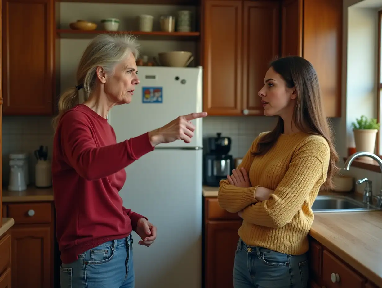 An angry mother-in-law standing in the kitchen and pointing her finger to the exit, while scolding a disgruntled young woman with her arms crossed on her chest. Realism, close-up perspective, close-up plan